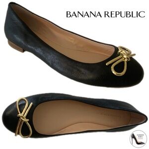BANANA REPUBLIC BLACK LEATHER BALLET FLATS WITH METAL GOLD BOW Dress Shoes 8